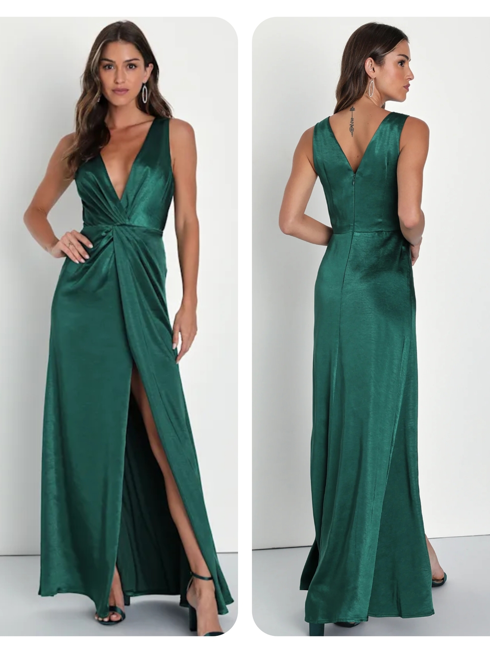 Lulus Perfect Refinement Emerald Green Satin V-Neck Pleated Evening Maxi Dress L